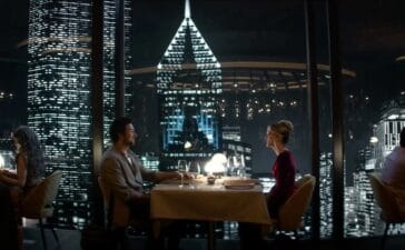 Meghann Fahy and Brandon Sklenar in Drop. Image supplied by Universal.