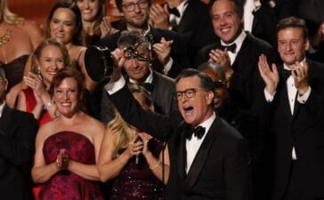 TOPSHOT - US comedian writer Stephen Colbert accepts the Outstanding Talk Series award for "The Late Show with Stephen Colbert" onstage during the 77th Primetime Emmy Awards at the Peacock Theatre at LA Live in Los Angeles on September 14, 2025. (Photo by VALERIE MACON / AFP) / RESTRICTED TO EDITORIAL USE (Photo by VALERIE MACON/AFP via Getty Images)