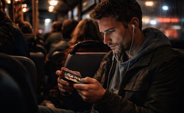 Man sitting on a crowded bus at night using his smartphone while other passengers sit around him.