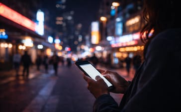 Person using a smartphone at night in a busy city with blurred neon lights in the background.