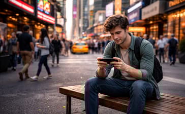 Person using a smartphone in an urban environment.