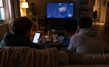 Two people watching a tense live moment on TV at night while checking a phone chat.