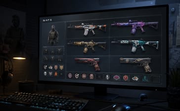 Customised digital weapon skins displayed on a tactical gaming loadout screen.