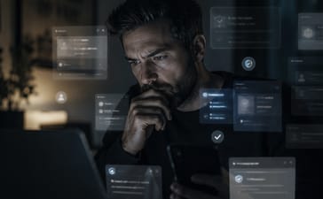 Person examining layered verification and policy information on a digital screen.