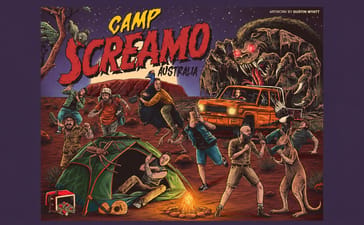 Camp Screamo Australia artwork depicting campers fleeing a giant spider, with a tent, campfire, orange ute and kangaroo.