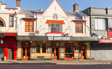 The Lady Hampshire’s two-storey frontage and pub sign on Parramatta Road in Camperdown.