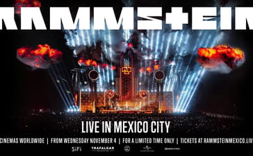Rammstein – Live in Mexico City concert film promotional artwork featuring the band's illuminated stadium stage and pyrotechnics.