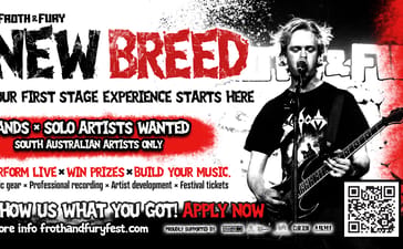 Froth & Fury New Breed recruitment artwork featuring a guitarist and a call for South Australian bands and solo artists.