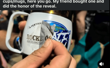 A Furnace Fest sticker peeled back from a mug, revealing Rock The Country branding underneath.