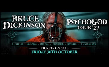 Bruce Dickinson centred in PsychoGod Tour ’27 artwork announcing tickets on sale Friday 30 October.