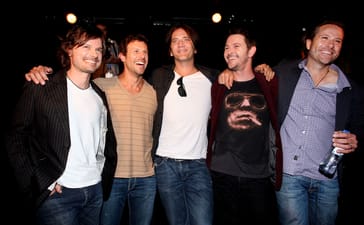 The five members of Powderfinger pose together at the Annandale Hotel in Sydney in 2010.