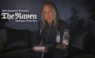 Kirk Hammett holding a book beside The Raven title lettering, with a skeleton behind him.