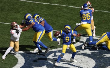 Matthew Stafford of the Los Angeles Rams passes during the NFL game against the San Francisco 49ers at the Melbourne Cricket Ground