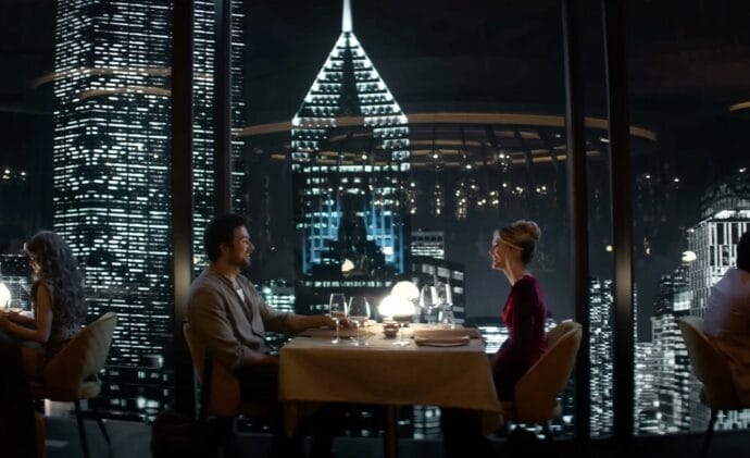 Meghann Fahy and Brandon Sklenar in Drop. Image supplied by Universal.