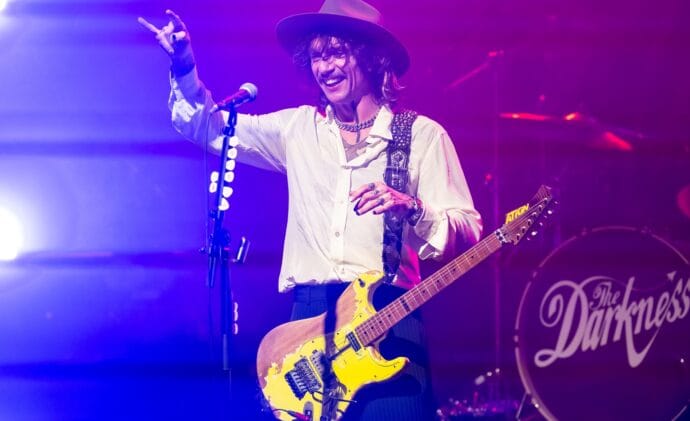 SAN FRANCISCO, CALIFORNIA - NOVEMBER 13: Justin Hawkins of The Darkness performs at The Fillmore on November 13, 2025 in San Francisco, California. (Photo by Steve Jennings/Getty Images)