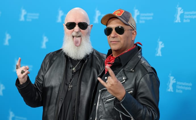 BERLIN, GERMANY - FEBRUARY 15: Rob Halford and Tom Morello pose at the "The Ballad Of Judas Priest" photocall during the 76th Berlinale International Film Festival Berlin at Grand Hyatt Hotel on February 15, 2026 in Berlin, Germany. (Photo by Gerald Matzka/Getty Images)