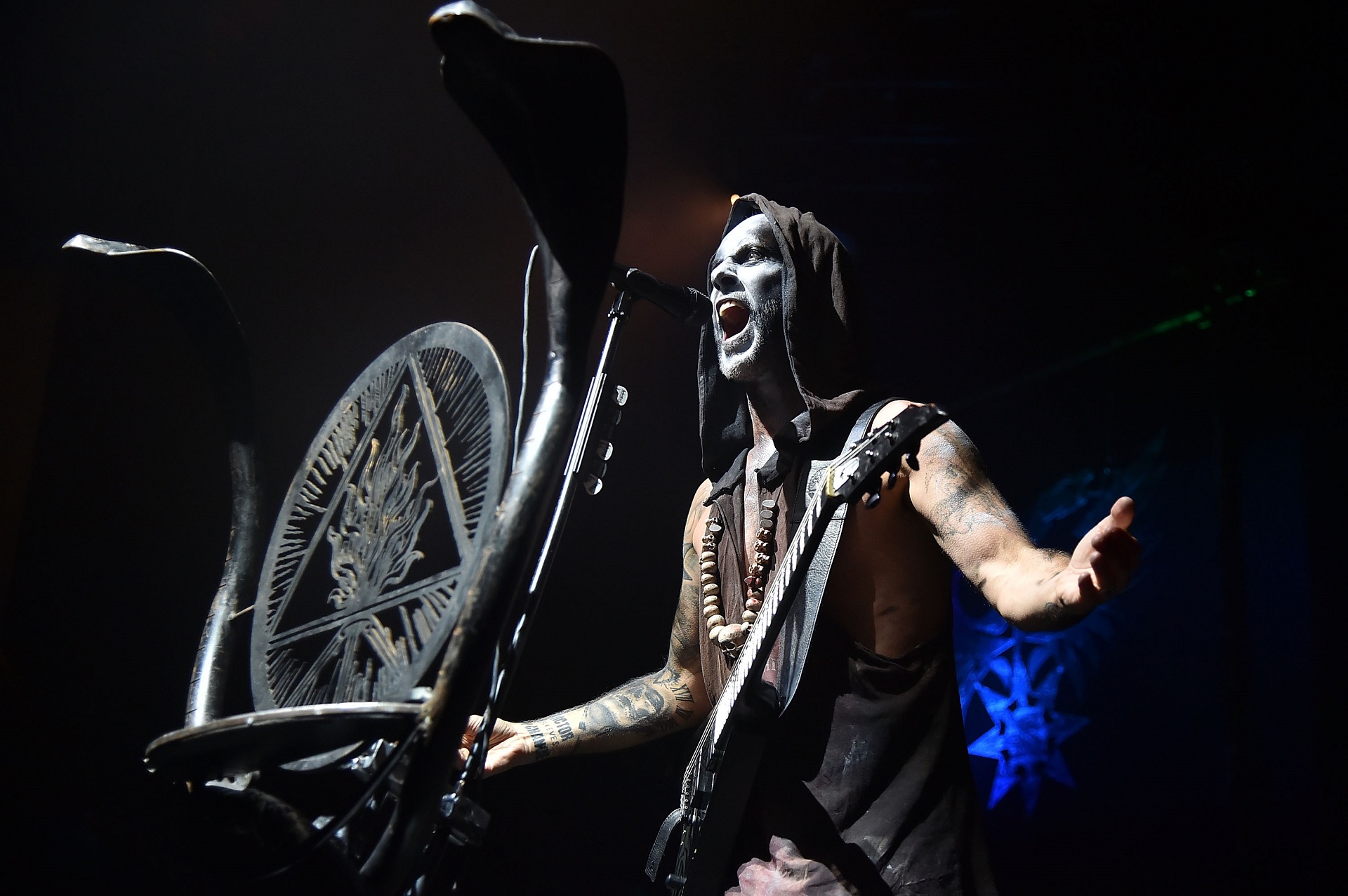 NEW YORK, NY - JULY 27: Adam "Nergal" Darski of Behemoth performs during Slayer With Lamb Of God And Behemoth In Concert at The Theater at Madison Square Garden on July 27, 2017 in New York City. (Photo by Theo Wargo/Getty Images)