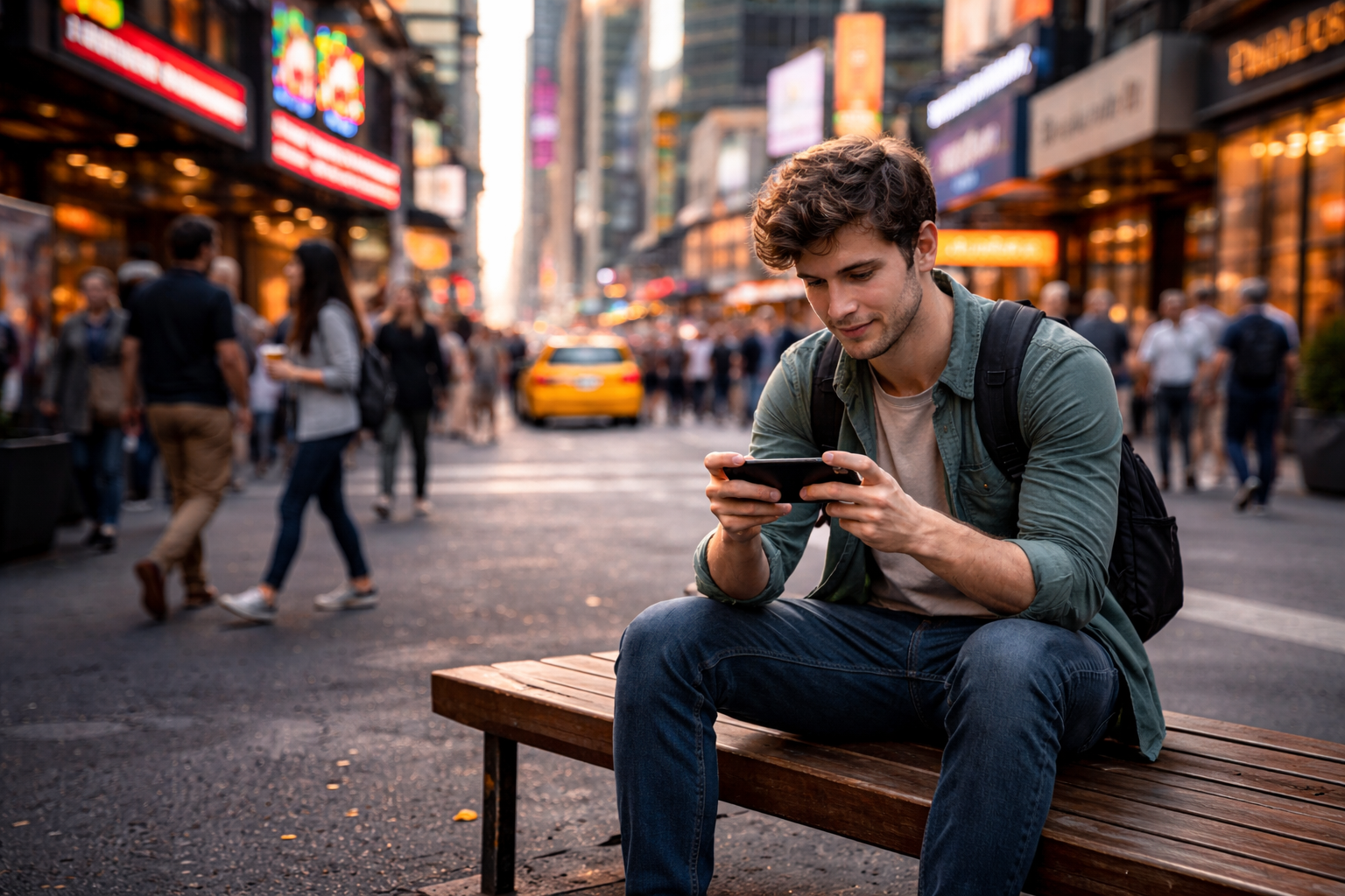 Person using a smartphone in an urban environment.