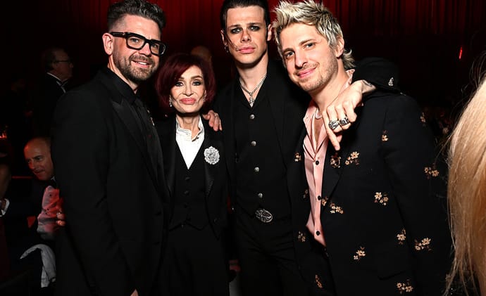 Jack Osbourne, Sharon Osbourne, Yungblud and Andrew Watt attend the Elton John AIDS Foundation's 34th Annual Academy Awards Viewing Party on March 15, 2026 in West Hollywood, California. (Photo by Michael Kovac/Getty Images for Elton John AIDS Foundation)