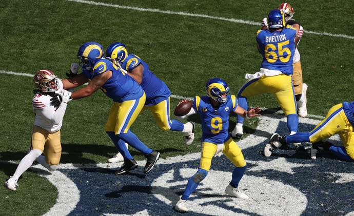 Matthew Stafford of the Los Angeles Rams passes during the NFL game against the San Francisco 49ers at the Melbourne Cricket Ground