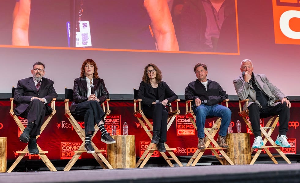 CHICAGO, ILLINOIS - APRIL 12: Actors Judd Nelson, Molly Ringwald, Ally Sheedy, Emilio Estèvez and Anthony Michael Hall during C2E2 on the main stage for the "Don’t You Forget About Me: The Breakfast Club 40th Anniversary Reunion" at McCormick Place on April 12, 2025 in Chicago, Illinois. (Photo by Barry Brecheisen/WireImage)
