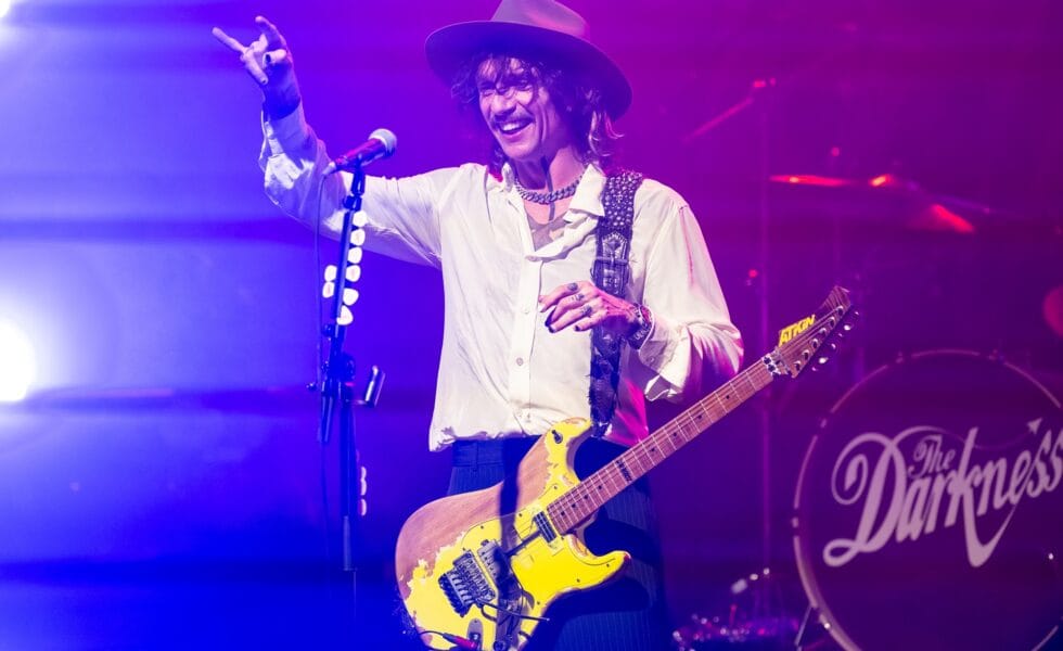 SAN FRANCISCO, CALIFORNIA - NOVEMBER 13: Justin Hawkins of The Darkness performs at The Fillmore on November 13, 2025 in San Francisco, California. (Photo by Steve Jennings/Getty Images)