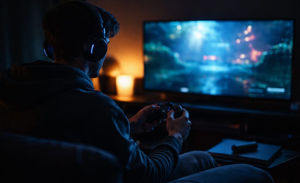 Late-night gaming and streaming in a dark room with screen glow.