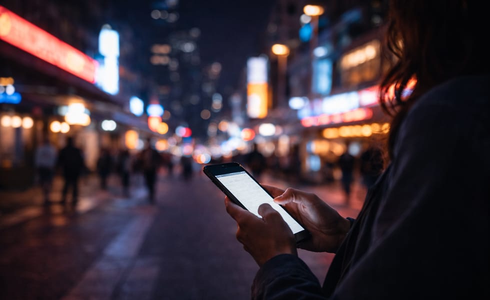 Person using a smartphone at night in a busy city with blurred neon lights in the background.