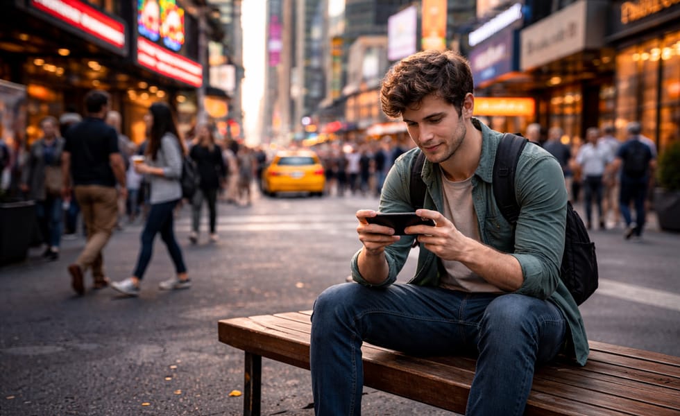 Person using a smartphone in an urban environment.