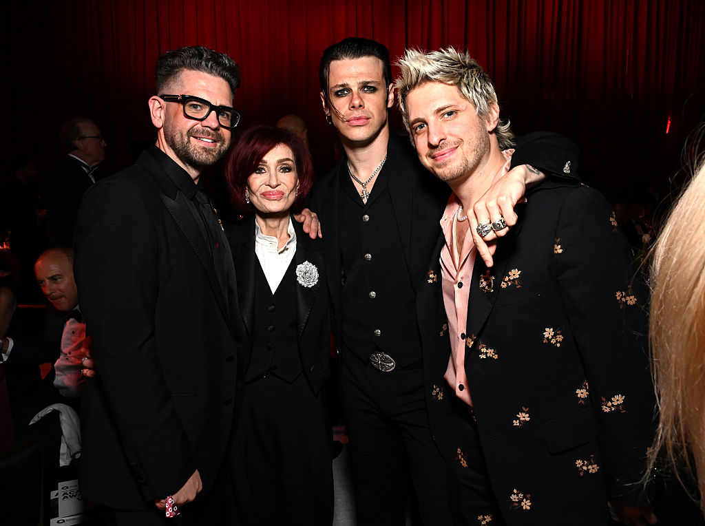 Jack Osbourne, Sharon Osbourne, Yungblud and Andrew Watt attend the Elton John AIDS Foundation's 34th Annual Academy Awards Viewing Party on March 15, 2026 in West Hollywood, California. (Photo by Michael Kovac/Getty Images for Elton John AIDS Foundation)