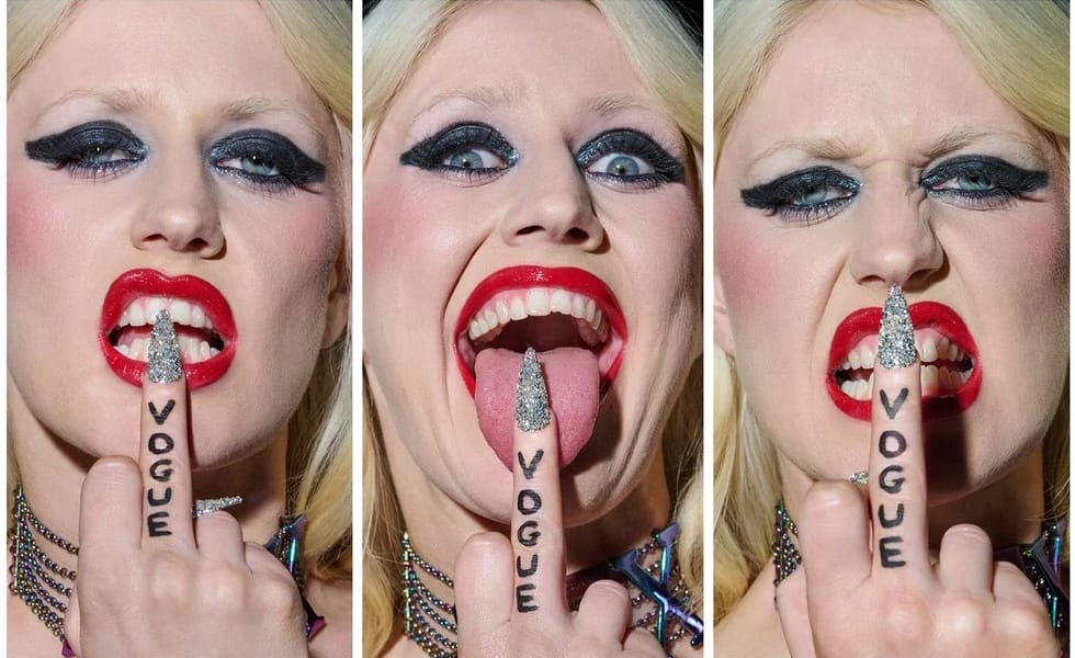 Amy Taylor from Amyl and the Sniffers photographed by Jamie Nelson for the Champagne Problems series originally shot for Vogue Portugal.