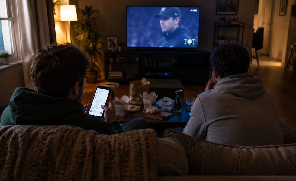 Two people watching a tense live moment on TV at night while checking a phone chat.