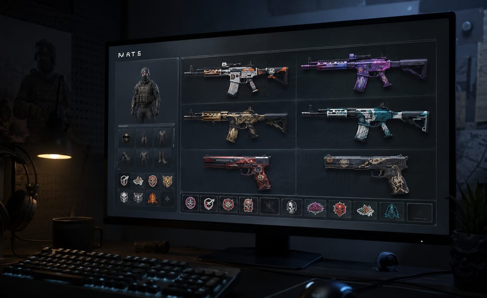 Customised digital weapon skins displayed on a tactical gaming loadout screen.