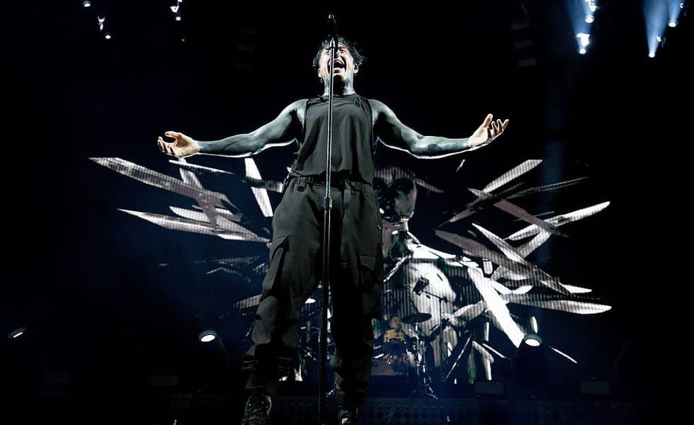 Ronnie Radke of Falling In Reverse performing during the God Is A Weapon tour in The Woodlands, Texas