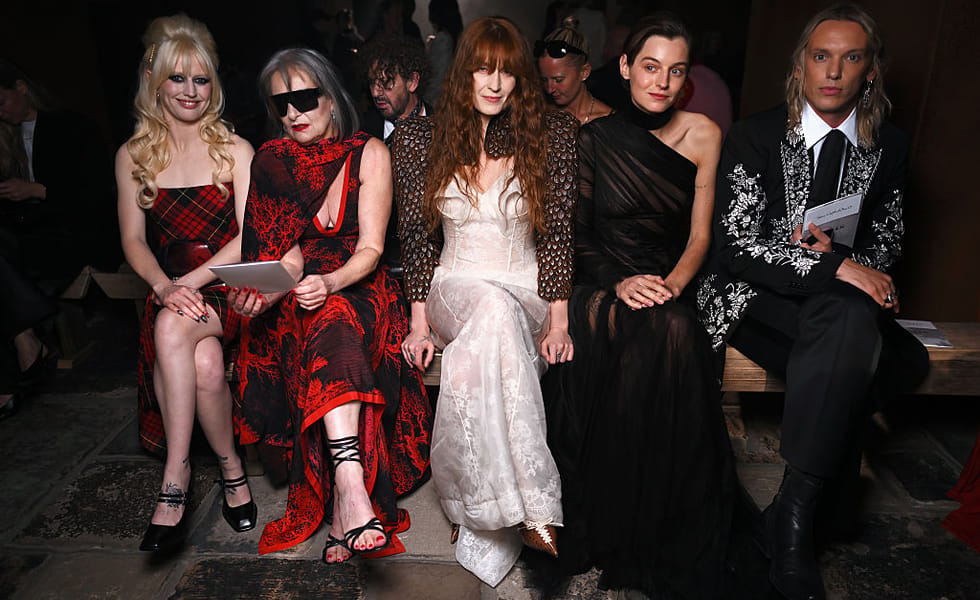 Amy Taylor, Siouxsie Sioux, Florence Welch, Emma Corrin and Jamie Campbell Bower at the McQueen Spring/Summer 2027 show during London Fashion Week on September 20, 2026.