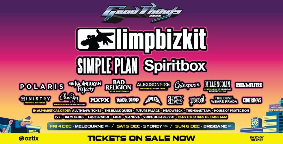 Good Things Festival 2026 lineup poster featuring Limp Bizkit, Simple Plan and Spiritbox.