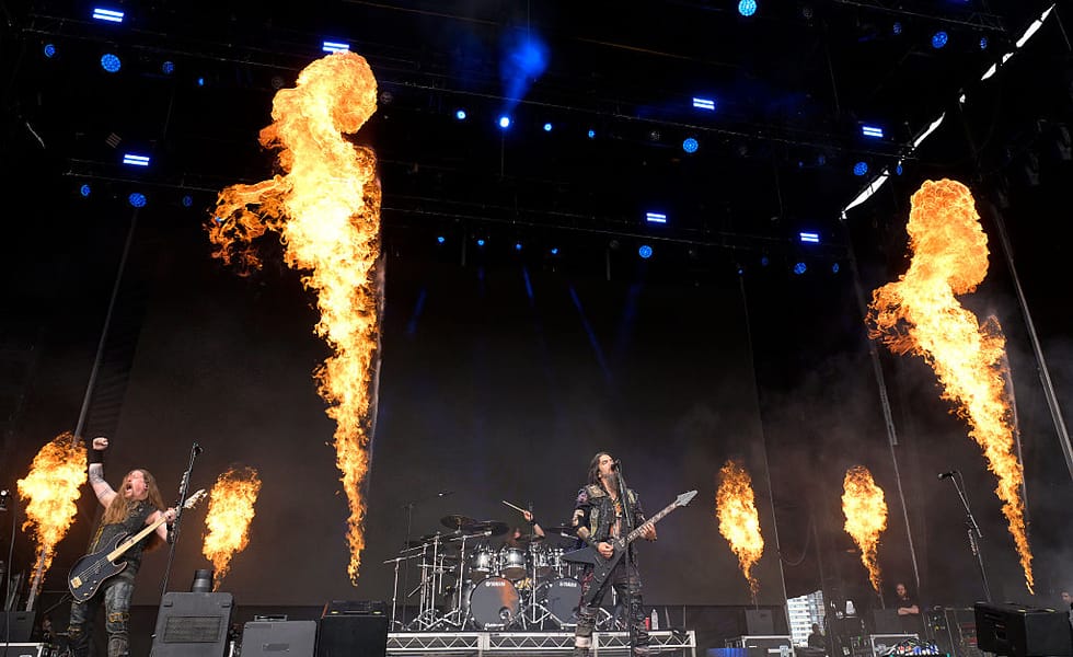 Robb Flynn of Machine Head performing amid stage pyrotechnics at Good Things Festival in Melbourne in December 2025.