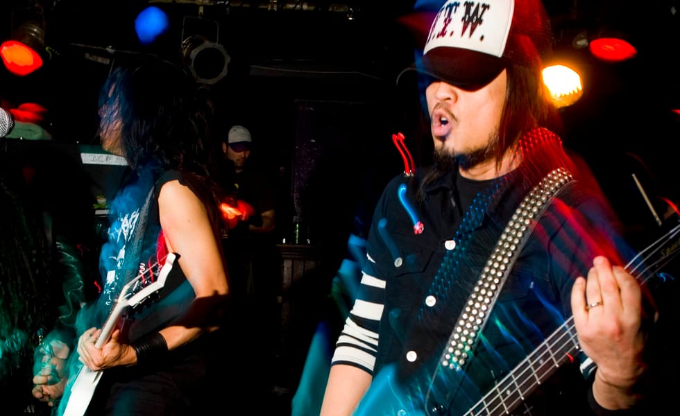 Dennis Pepa performing live on bass with Death Angel