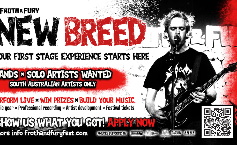 Froth & Fury New Breed recruitment artwork featuring a guitarist and a call for South Australian bands and solo artists.