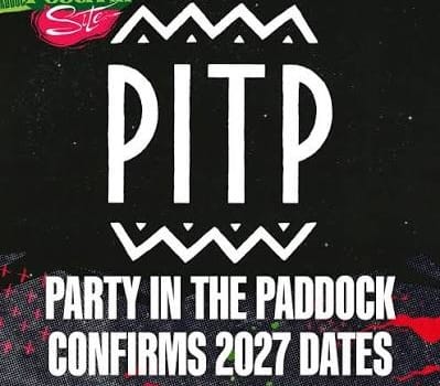 Black, red and green Party In The Paddock graphic announcing the festival’s return on 4–7 February 2027.