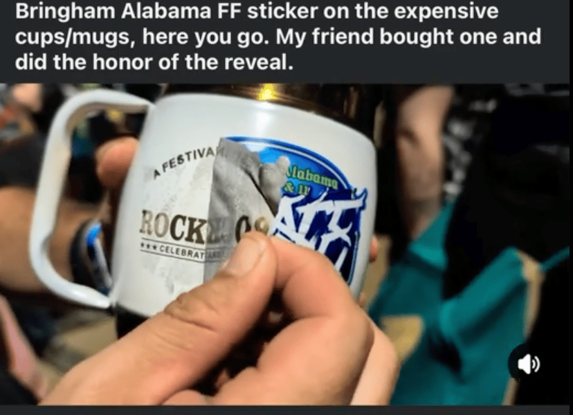 A Furnace Fest sticker peeled back from a mug, revealing Rock The Country branding underneath.