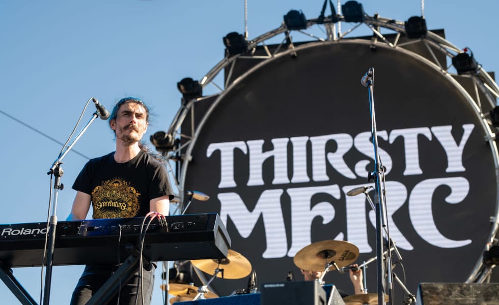 Rai Thistlethwayte of Thirsty Merc performs at Big Red Bash in Birdsville in July 2021