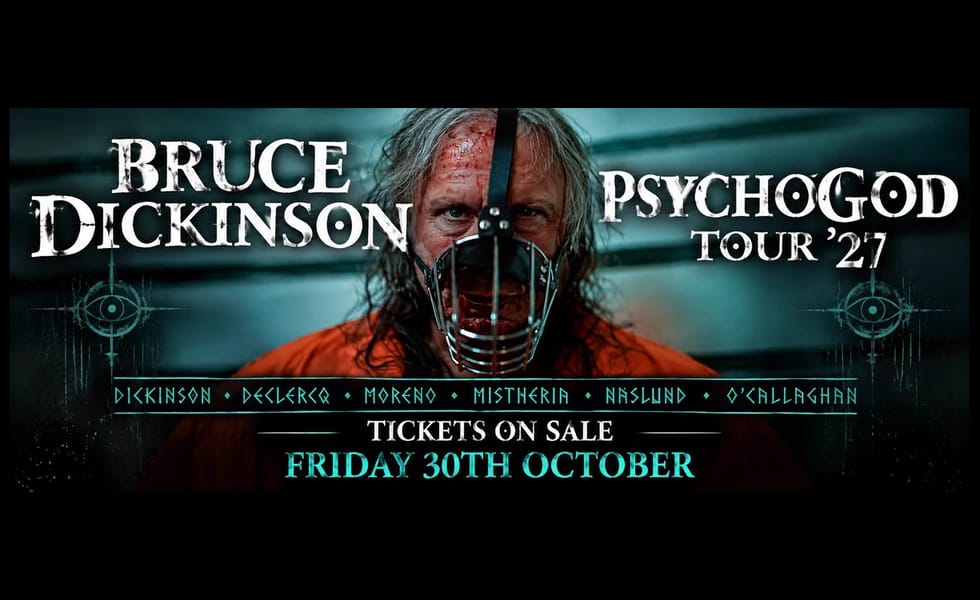 Bruce Dickinson centred in PsychoGod Tour ’27 artwork announcing tickets on sale Friday 30 October.