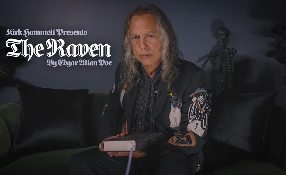 Kirk Hammett holding a book beside The Raven title lettering, with a skeleton behind him.