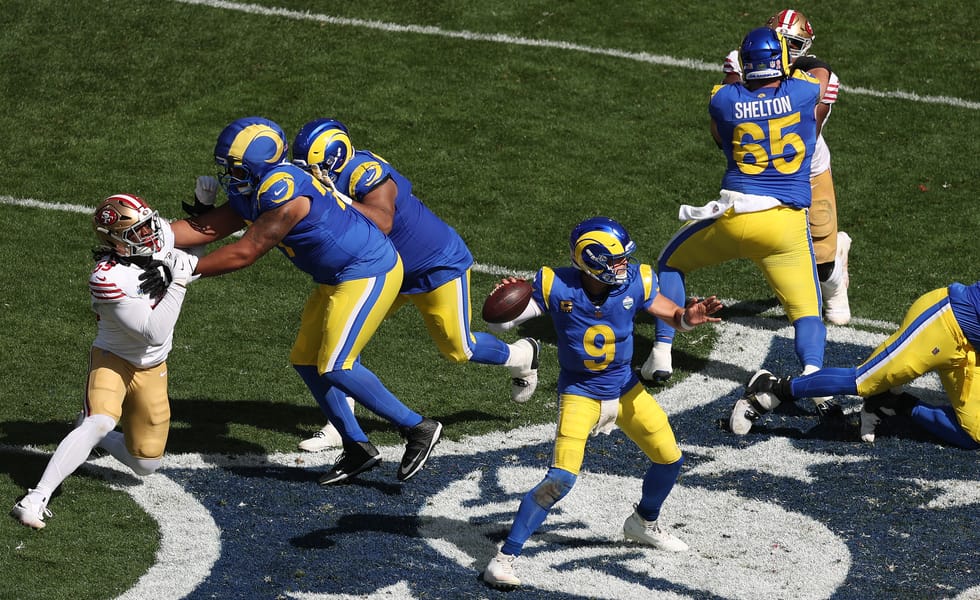 Matthew Stafford of the Los Angeles Rams passes during the NFL game against the San Francisco 49ers at the Melbourne Cricket Ground