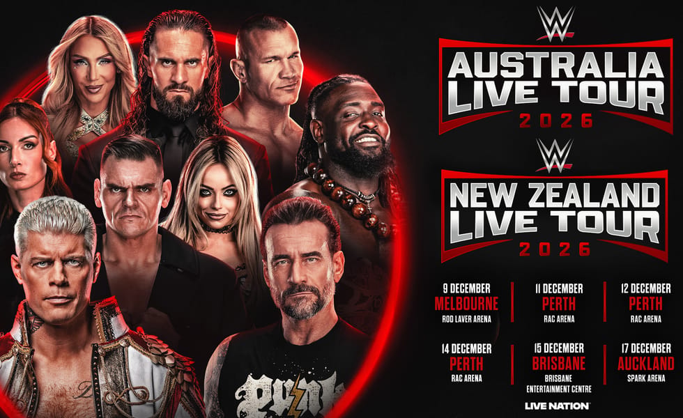 WWE Australia and New Zealand Live Tour 2026 official promotional artwork featuring WWE Superstars