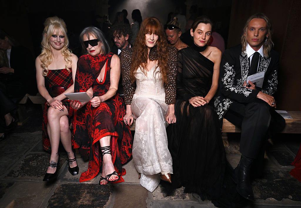 Amy Taylor, Siouxsie Sioux, Florence Welch, Emma Corrin and Jamie Campbell Bower at the McQueen Spring/Summer 2027 show during London Fashion Week on September 20, 2026.