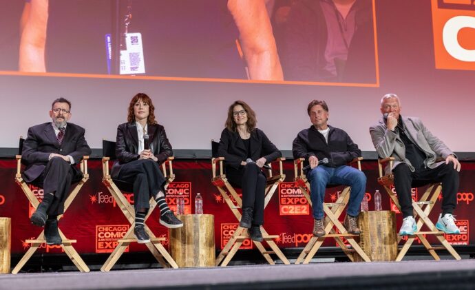 CHICAGO, ILLINOIS - APRIL 12: Actors Judd Nelson, Molly Ringwald, Ally Sheedy, Emilio Estèvez and Anthony Michael Hall during C2E2 on the main stage for the "Don’t You Forget About Me: The Breakfast Club 40th Anniversary Reunion" at McCormick Place on April 12, 2025 in Chicago, Illinois. (Photo by Barry Brecheisen/WireImage)