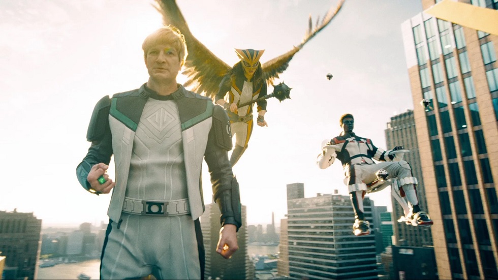 Nathan Fillion as Guy Gardner, Isabela Merced as Hawkgirl, and Ed Gathegi as Mister Terrific in Superman. IMAGE: Warner