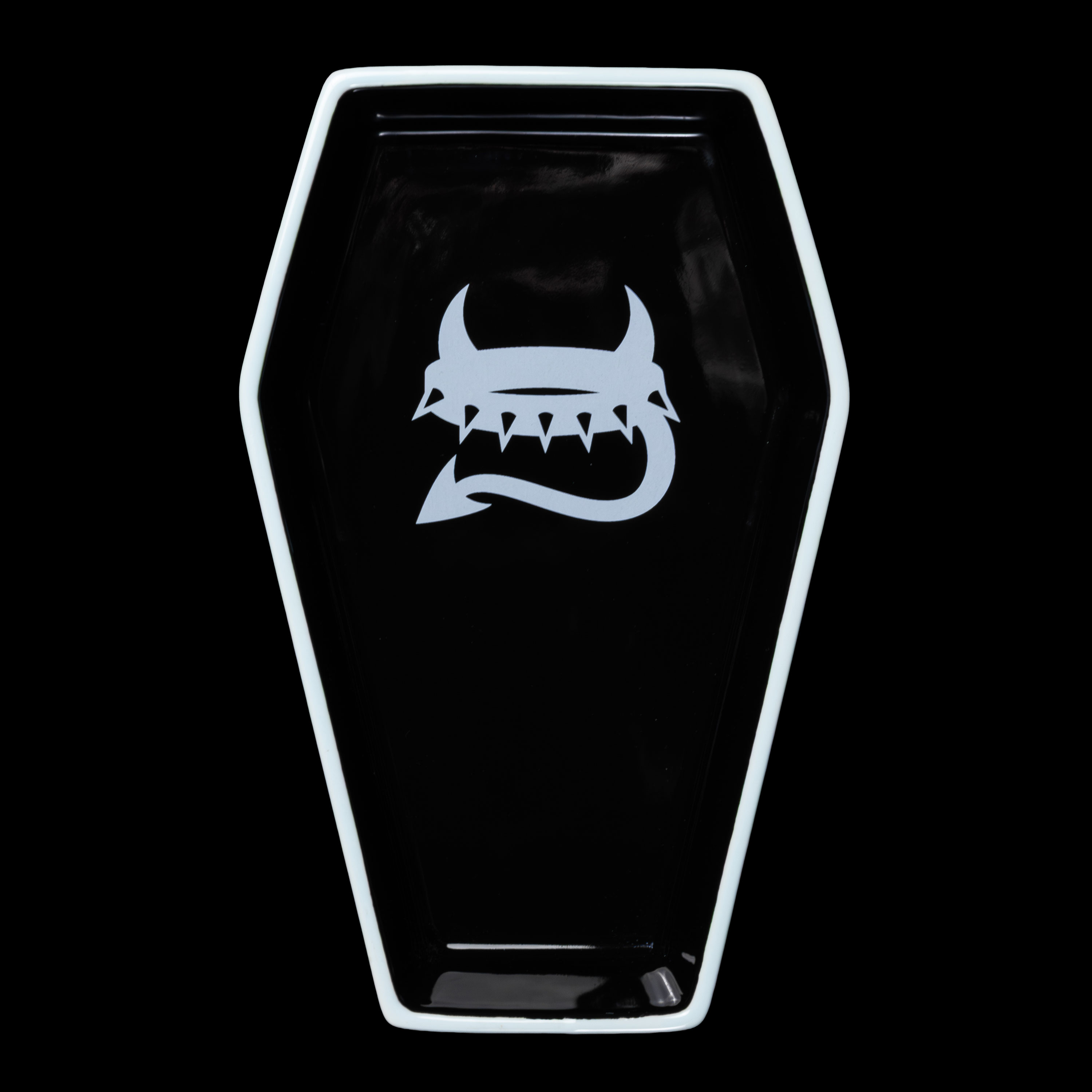 Black Freak On A Leash coffin-shaped ceramic cat bowl
